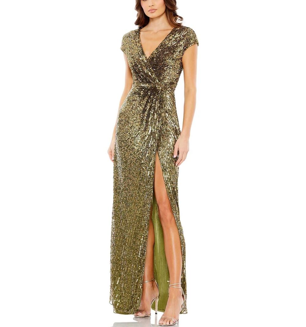 Mac Duggal 5623 Green and Gold Evening Gown Sequined Formal Column Dress Size 12